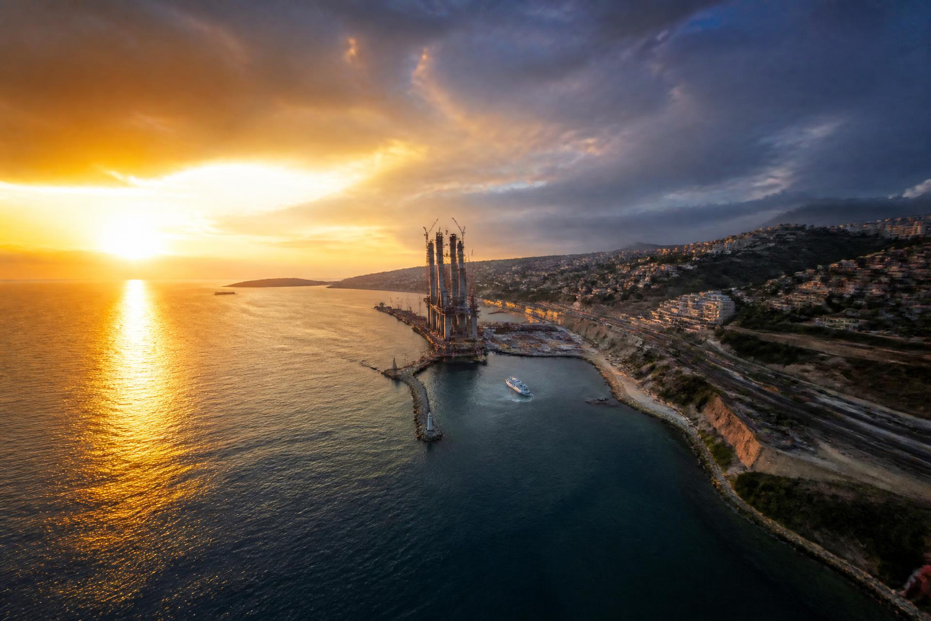 Israeli Mediterranean breakwater at golden hour